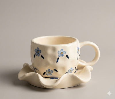 Textured Ceramic Coffee Mug & Ruffled Saucer - Vintage Floral Design 