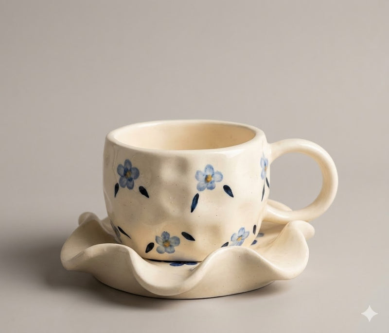 Textured Ceramic Coffee Mug & Ruffled Saucer - Vintage Floral Design